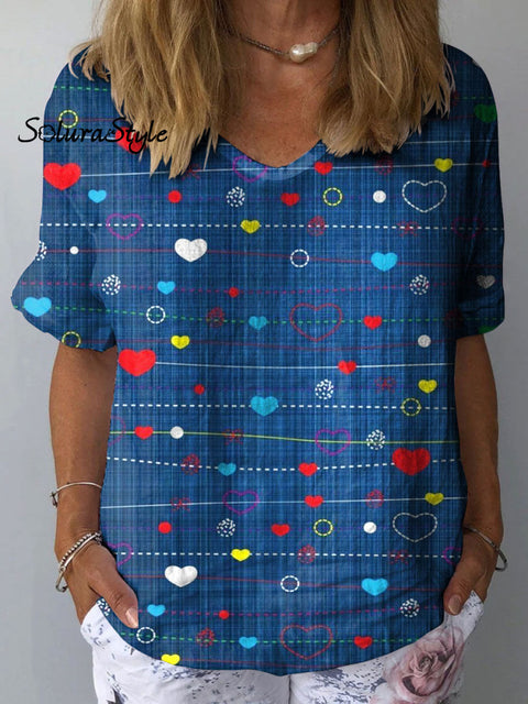 Women’s Romantic Heart Art Print Casual Cotton And Linen Shirt Multicolor / S