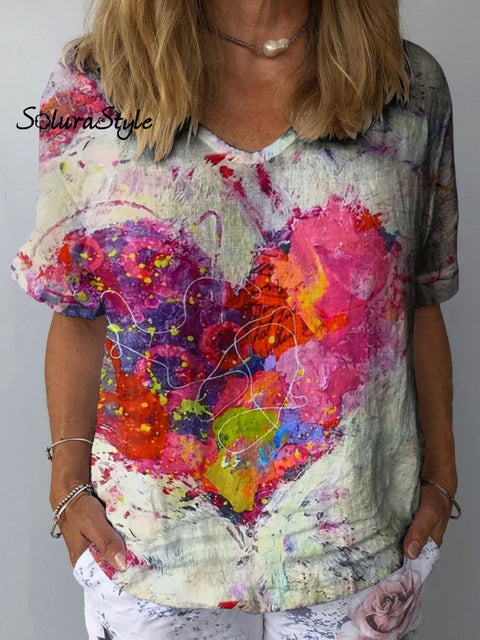 Women’s Romantic Heart Art Print Casual Cotton And Linen Shirt Multicolor / S