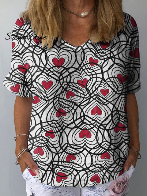 Women’s Romantic Heart Art Print Casual Cotton And Linen Shirt Multicolor / S