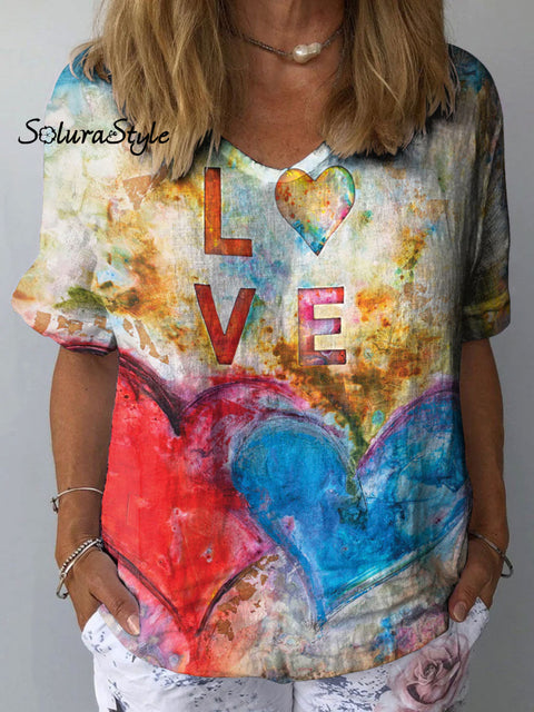 Women’s Romantic Heart Art Print Casual Cotton And Linen Shirt Multicolor / S