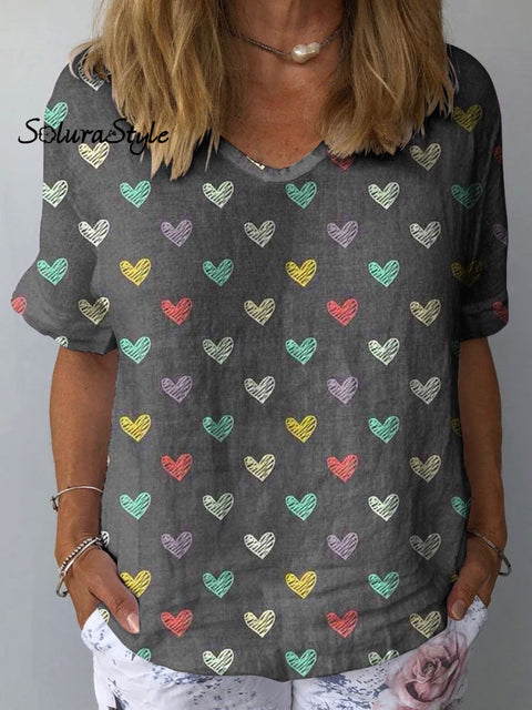 Women’s Romantic Heart Art Print Casual Cotton And Linen Shirt Multicolor / S
