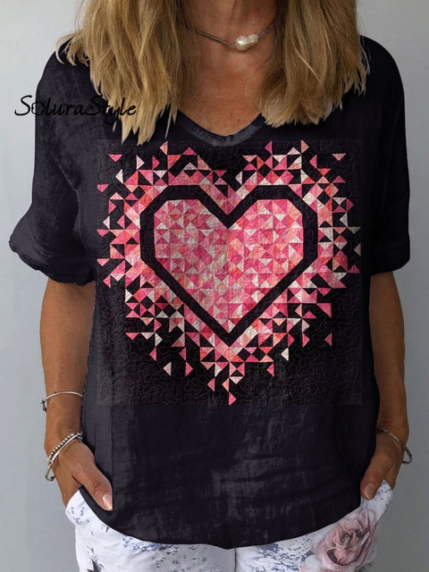 Women’s Romantic Heart Jigsaw Art Print Casual Cotton And Linen Shirt Multicolor / S