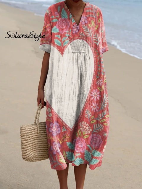 Women’s Romantic Heart Shaped Flower Art Print Flowy Dress Multicolor / S