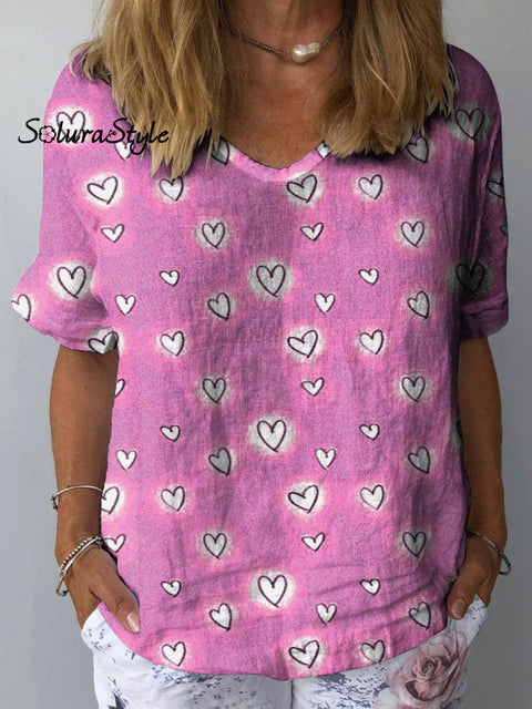 Women’s Romantic Love Art Print Casual Cotton And Linen Shirt Multicolor / S