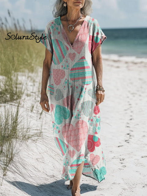 Women’s Romantic Love Art Print Pocket Cotton Dress Multicolor / S