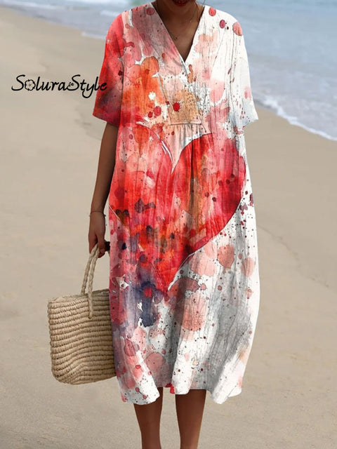 Women’s Romantic Love Watercolor Art Print Flowy Dress Multicolor / S