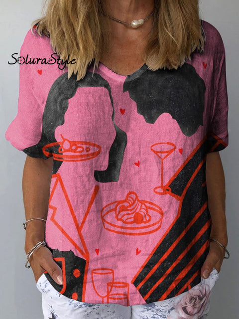 Women’s Romantic Lover Art Print Casual Cotton And Linen Shirt Multicolor / S