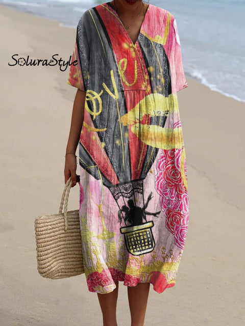 Women’s Romantic Lover Hot Air Balloon Art Print Flowy Dress Multicolor / S
