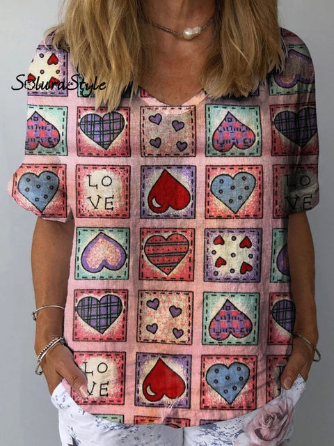 Women’s Romantic Lovers Love Art Print Casual Cotton And Linen Shirt Multicolor / S