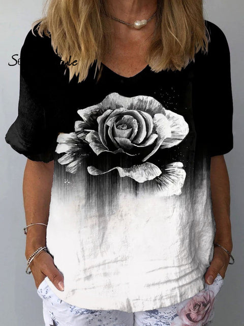 Women’s Rose Art Print Casual Cotton And Linen Shirt Multicolor / S