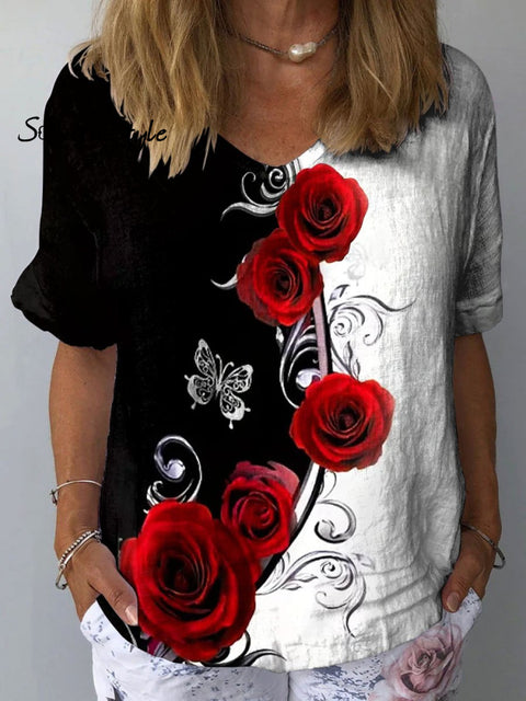 Women’s Rose Art Print Casual Cotton And Linen Shirt Multicolor / S