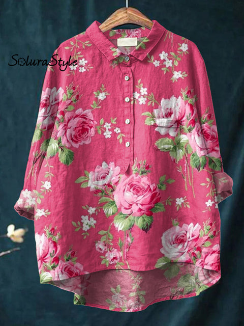 Women’s Rose Floral Pattern Casual Cotton And Linen Shirt Pink / S
