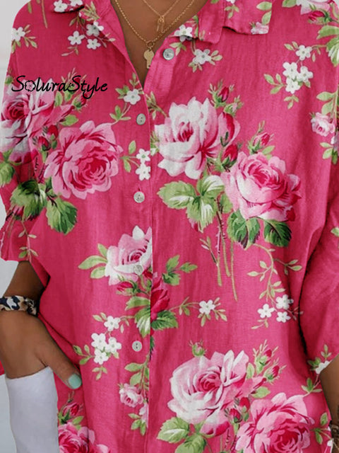 Women’s Rose Floral Pattern Cotton And Linen Shirt