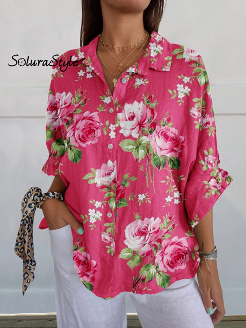 Women’s Rose Floral Pattern Cotton And Linen Shirt Pink / S