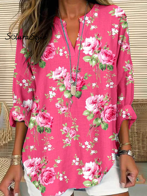 Women’s Rose Floral Pattern Cotton Long Sleeve Crew Neck Shirt Pink / S