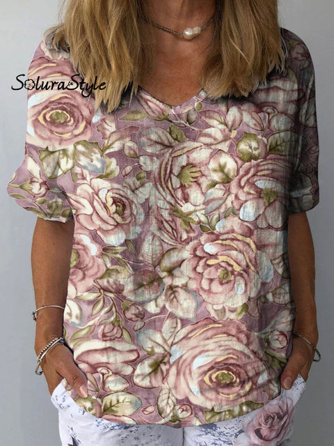 Women’s Rose Flower Art Print Casual Cotton And Linen Shirt Multicolor / S