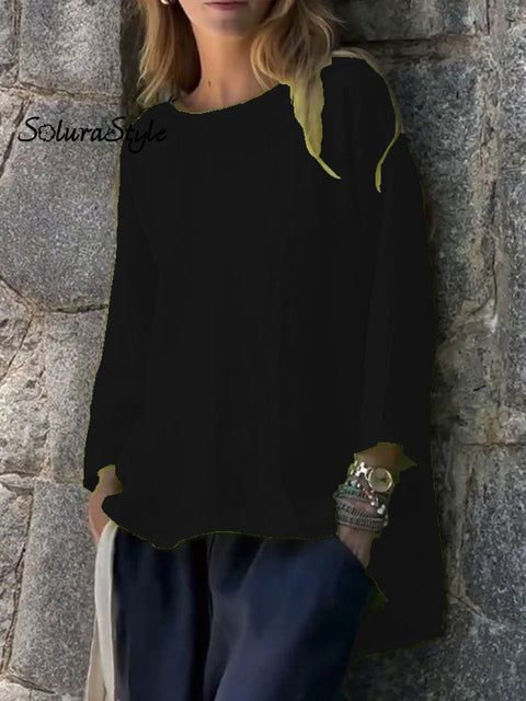 Women’s Round Neck Cotton And Linen Loose Shirt Tops Black / S