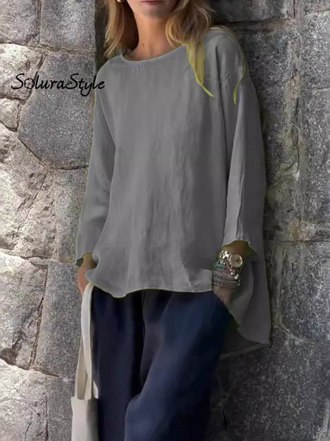 Women’s Round Neck Cotton And Linen Loose Shirt Tops Grey / S