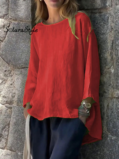 Women’s Round Neck Cotton And Linen Loose Shirt Tops Red / S