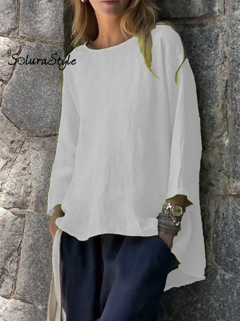 Women’s Round Neck Cotton And Linen Loose Shirt Tops White / S
