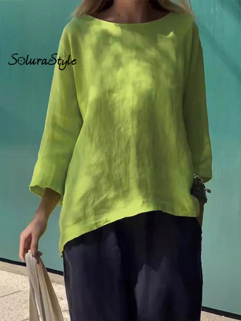 Women’s Round Neck Cotton And Linen Loose Shirt Tops Yellowgreen / S