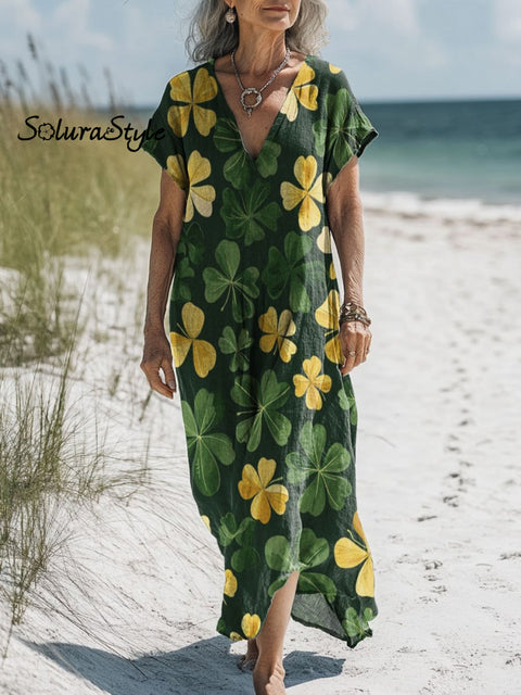 Women’s Saint Patrick’s Day Art Print Pocket Cotton Dress Multicolor / S