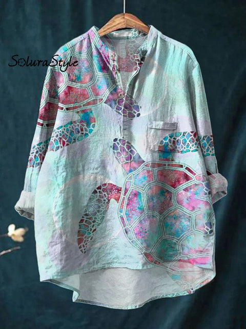 Women’s Sea Turtle Art Print Casual Long Sleeve Comfortable Cotton Shirt Multicolor / S