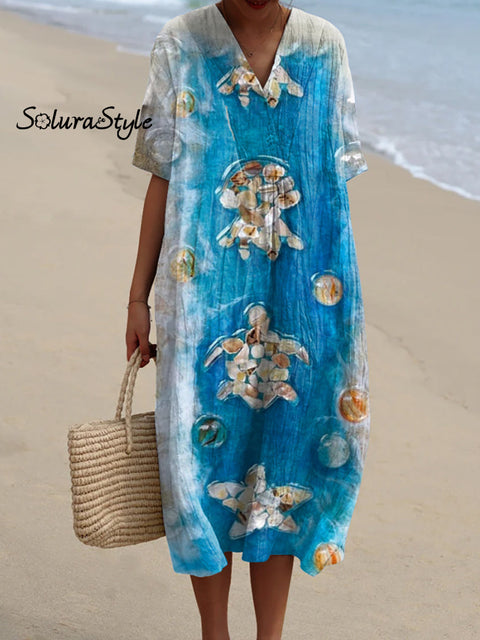 Women’s Sea Turtle Art Print Flowy Casual Dress Multicolor / S