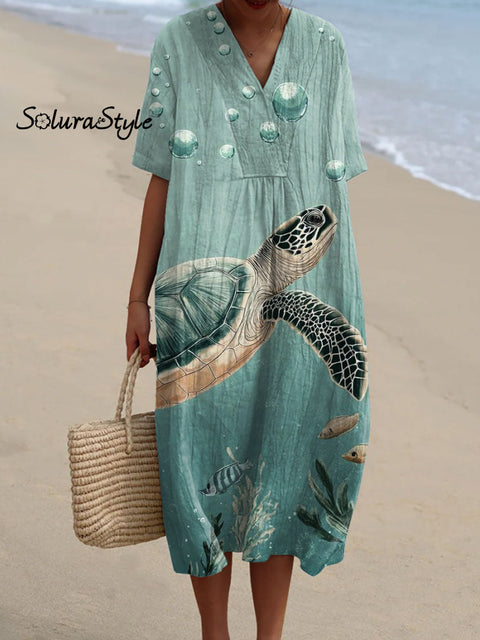 Women’s Sea Turtle Art Print Flowy Casual Dress Multicolor / S