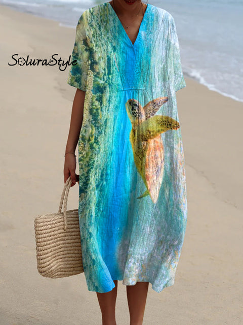 Women’s Sea Turtle Art Print Flowy Casual Dress Multicolor / S