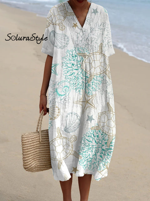 Women’s Sea Turtle Art Print Flowy Casual Dress Multicolor / S