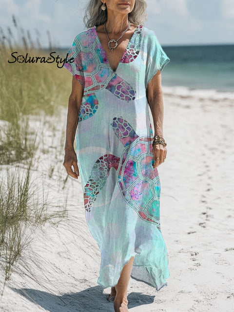 Women’s Sea Turtle Art Print Pocket Cotton Dress Multicolor / S