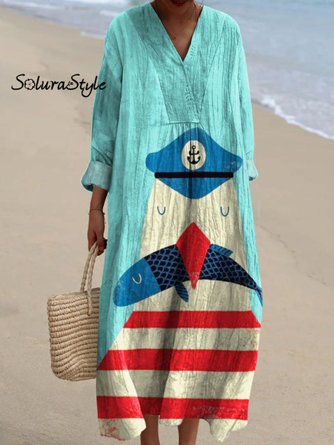 Women’s Seagull Fishing Art Print Dress Multicolor / S