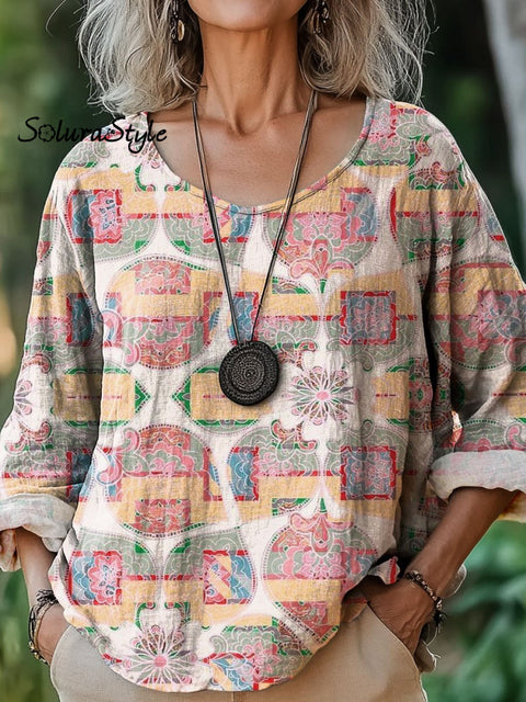 Women’s Seamless Floral Pattern Art Print Casual Cotton And Linen Shirt Multicolor / S
