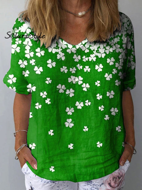 Women’s Shamrock Art Print Casual Cotton And Linen Shirt Multicolor / S