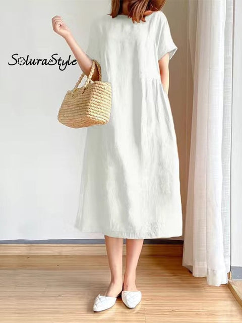 Women’s Simple Literary Loose Solid Color Shift Dress White / M