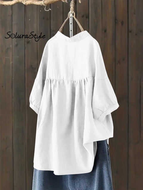 Women’s Single Breasted Solid Color Pullover Casual Loose Cotton And Linen Shirt