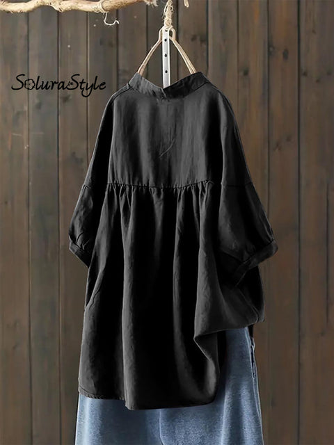Women’s Single Breasted Solid Color Pullover Casual Loose Cotton And Linen Shirt
