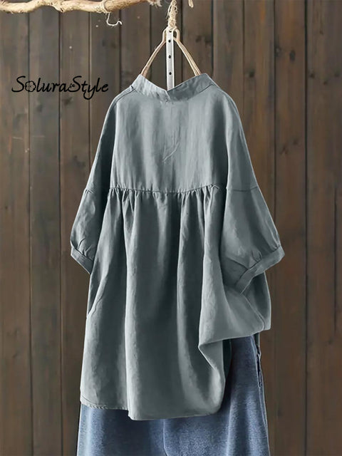 Women’s Single Breasted Solid Color Pullover Casual Loose Cotton And Linen Shirt