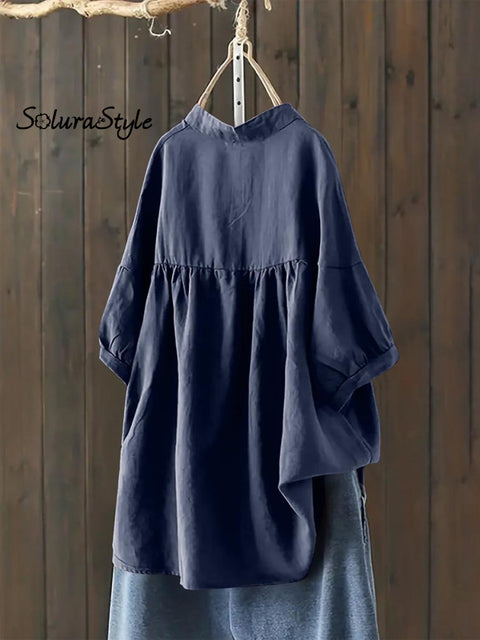 Women’s Single Breasted Solid Color Pullover Casual Loose Cotton And Linen Shirt