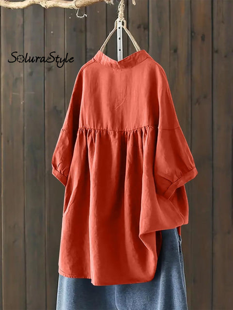 Women’s Single Breasted Solid Color Pullover Casual Loose Cotton And Linen Shirt