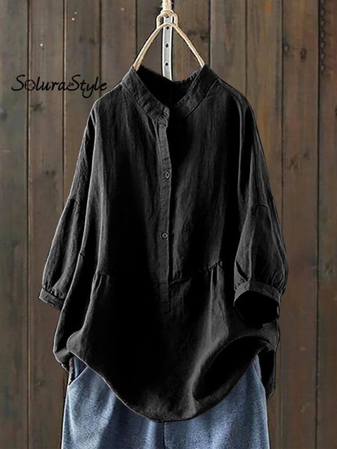 Women’s Single Breasted Solid Color Pullover Casual Loose Cotton And Linen Shirt Black / S