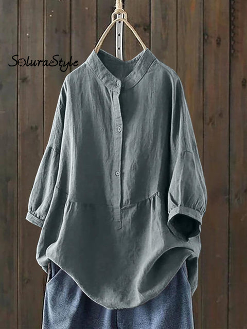 Women’s Single Breasted Solid Color Pullover Casual Loose Cotton And Linen Shirt Grey / S