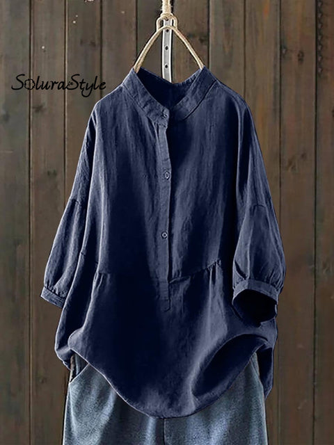 Women’s Single Breasted Solid Color Pullover Casual Loose Cotton And Linen Shirt Navyblue / S