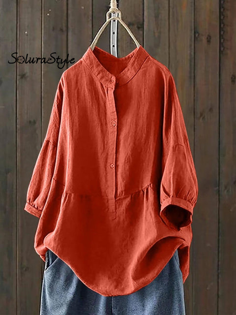 Women’s Single Breasted Solid Color Pullover Casual Loose Cotton And Linen Shirt Red / S