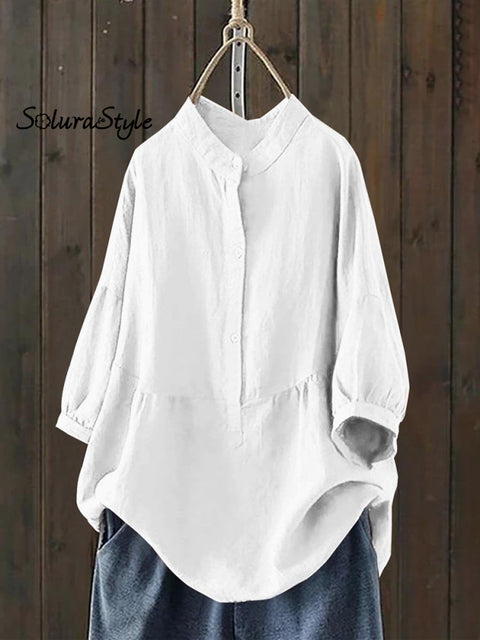 Women’s Single Breasted Solid Color Pullover Casual Loose Cotton And Linen Shirt White / S