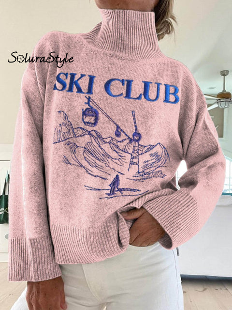 Women’s Ski Club Pattern Art Print Knit Turtleneck Pullover Sweater Pink / S