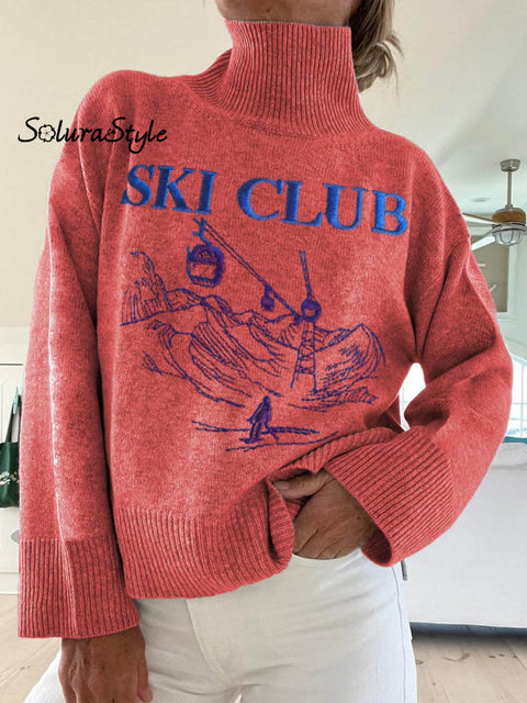 Women’s Ski Club Pattern Art Print Knit Turtleneck Pullover Sweater Red / S