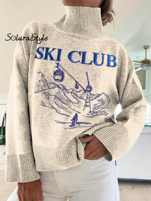 Women’s Ski Club Pattern Art Print Knit Turtleneck Pullover Sweater Sand / S