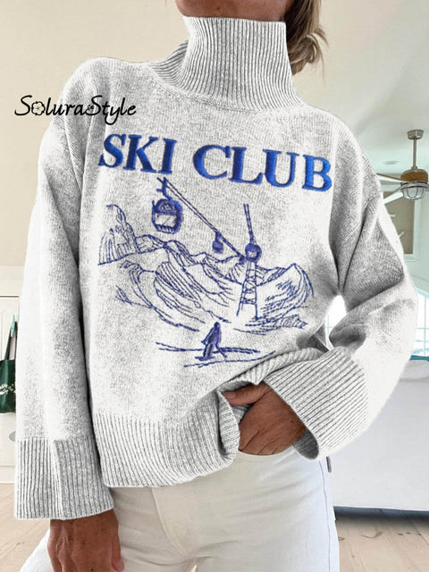 Women’s Ski Club Pattern Art Print Knit Turtleneck Pullover Sweater White / S
